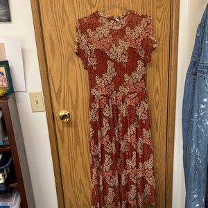 Sheer Floral Short-Sleeve Maxi Dress with built in slip in Rust and Cream